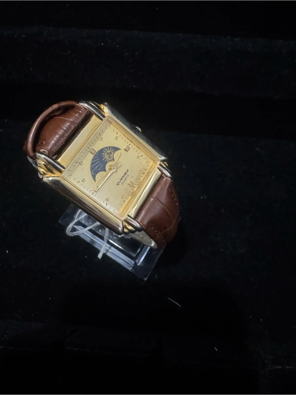 Quemex Square Gold-Tone Sun & Moon Dial Leather Strap Watch